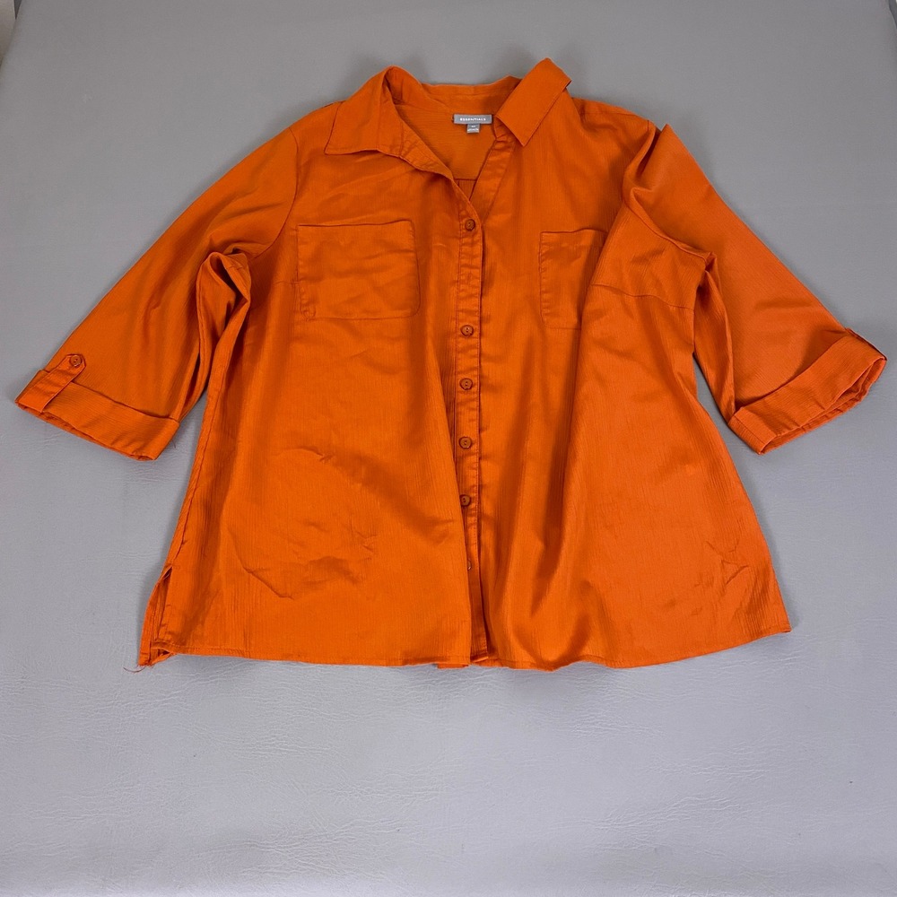 Essentials Blouse Button Down Shirt Women's 3X Burnt Orange 3/4 Sleeve Textured